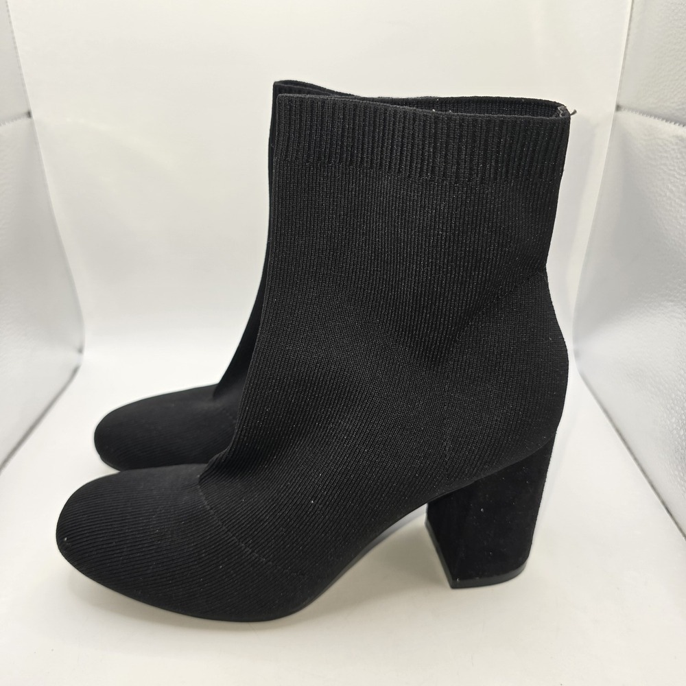 Women's Black Ribbed Knit Sock Ankle Boots Block Heel US 8M Pull On
